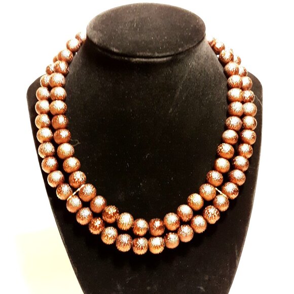 Metallic Coppertone Bead Necklace 17" Double Strand Textured Antiqued - Picture 2 of 4